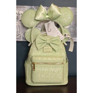 Loungefly Disney Parks Minnie Mouse Sequined Mint Backpack & Ears